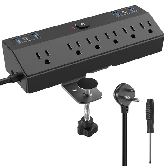 40W Fast Charging Station Desk Clamp Power Strip with 2 PD USB-C Ports 6 AC Outlets and 10ft Cord Fits 2.48" Tabletop Edge