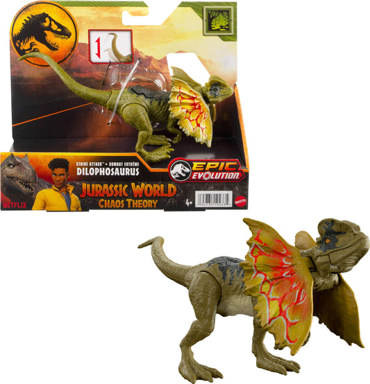 Mattel Jurassic World Strike Attack Dinosaur Toy with Single-Strike Action & Movable Joints Dilophosaurus Action Figure Includes Digital Play