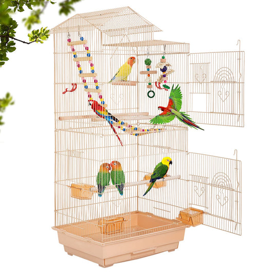 BestPet 39 inch Roof Top Large Flight Parrot Bird Cage Accessories Medium Roof Top Large Flight cage Parakeet cage for Small Cockatiel Canary Parakeet Sun Parakeet Pet Toy (Almond)
