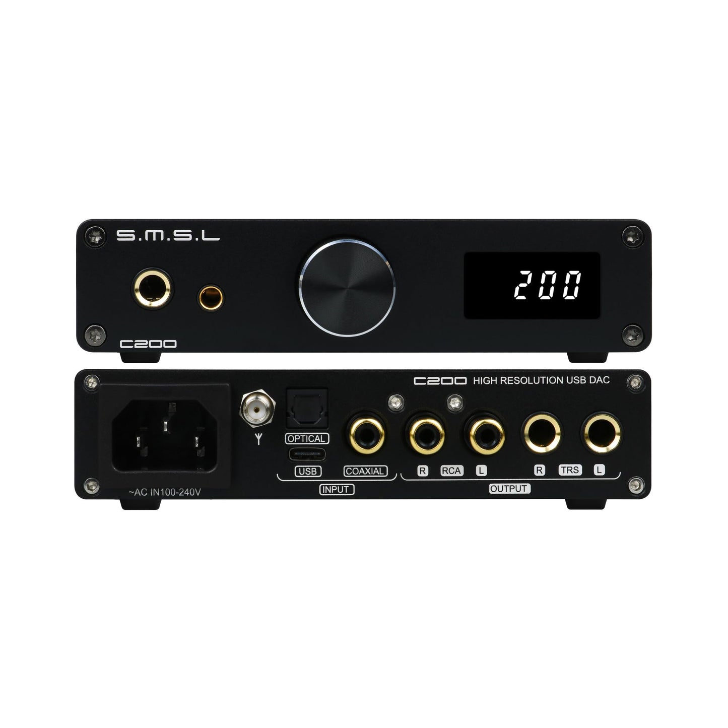 SMSL C200 ES9038Q2M HiFi DAC Headphone Amplifier DSD512 32Bit/768kHz USB/Optical/Coaxial/Bluetooth 5.1 to 4.4mm/6.35mm/RCA/TRS Digital Analog Converter for Phone/PC/PS5