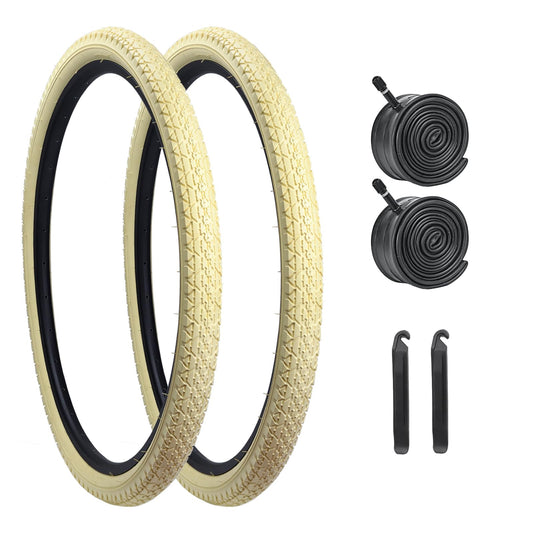 24x2.125 Bike Tire 24 Inch Bike Tire Folding Beach Cruiser Bike Tires Cream 24x2.125 Bike Tires Replacement with Tubes and Levers