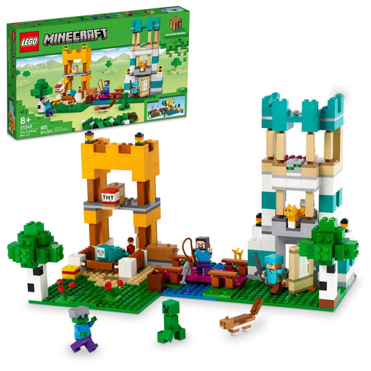LEGO Minecraft crafting box building set featuring characters Steve, Alex, Creeper, and various game accessories in vibrant scenery.