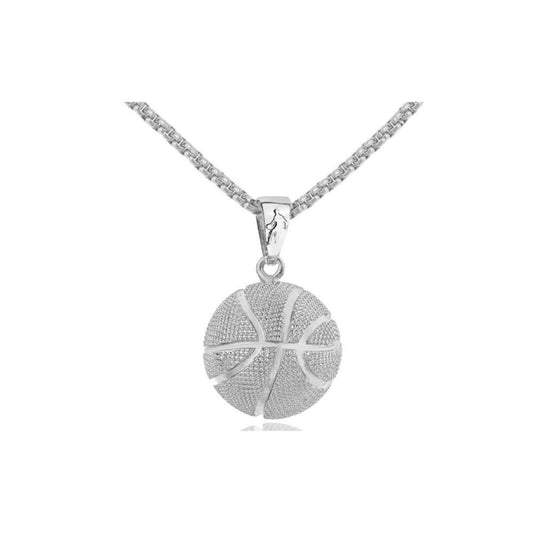 Basketball Chain Necklace Basketball Necklace14k Gold Basketball Pendant Necklace Hiphop Rhinestone Basketball Hoop Sports Necklace (Single Silver)