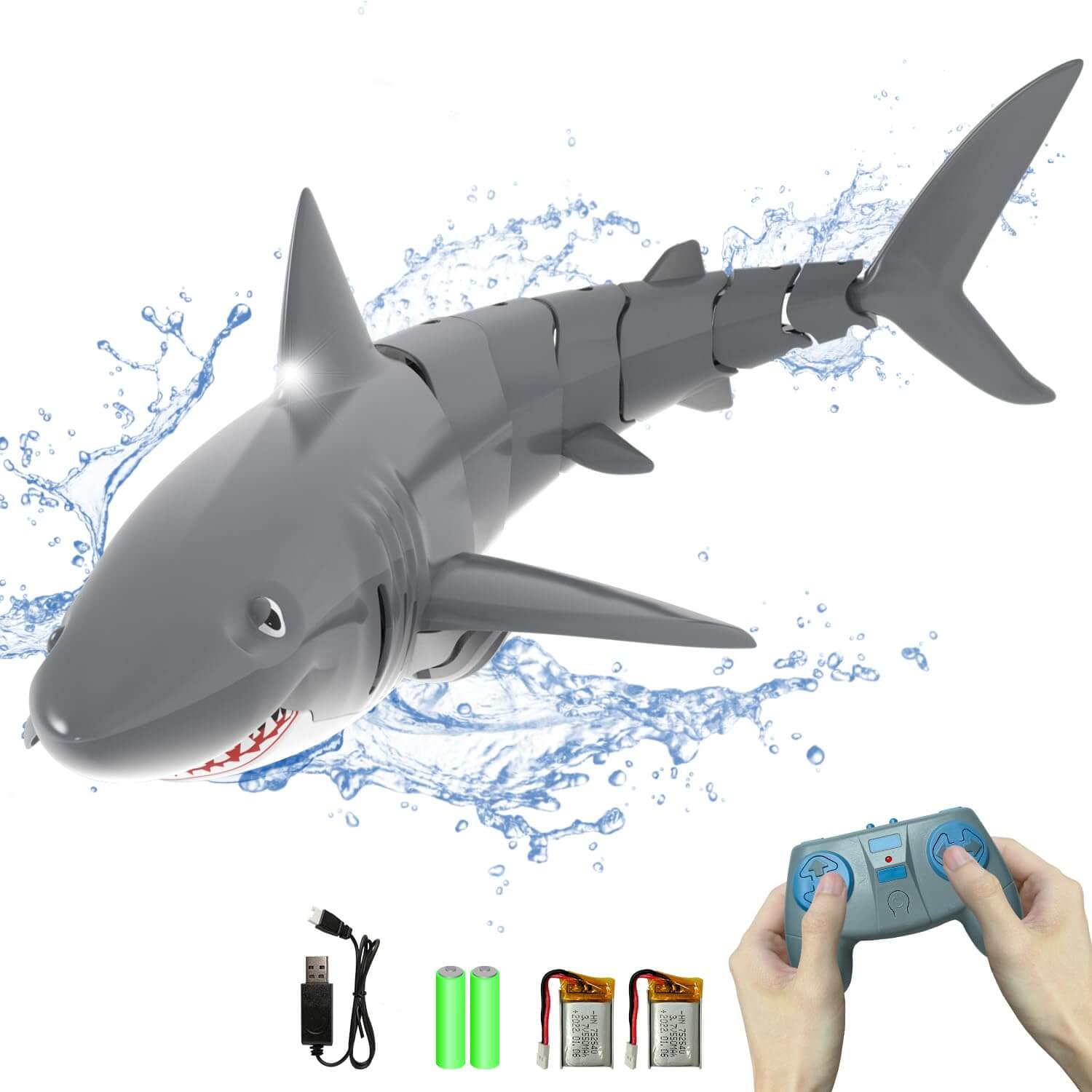 REMOTE CONTROL SHARK TOY FOR KIDS swimming in water with controller and batteries, perfect for aquatic fun.