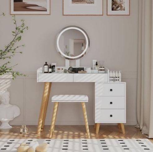Make up Dressing Table With LED Lights Glass Top Extendable Side Table 5 Drawers Mirror Stool For Bedroom