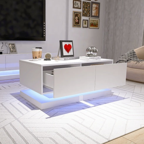 High Glossy Coffee Table With 2 Drawers under glow RGB Led Light With Bluetooth Control
