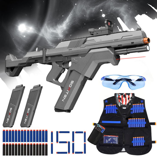 SOFITEN Toy Gun Automatic Sniper Rifle Tactical Vest Toy Foam Blaster with 150 Darts IR and Flashlight Foldable Stock The Shooting Activity Game for Kids Age 8-12 Gifts for Birthday Xmas