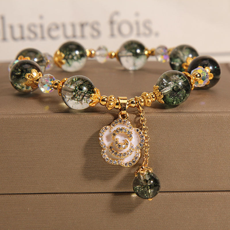 Green Ghost Crystal Bracelet with Rose Pendant for Women