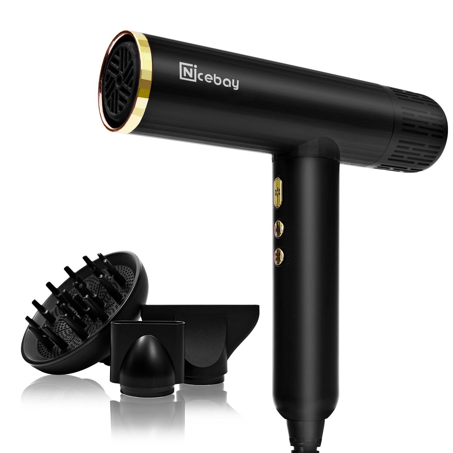 Nicebay Ionic Hair Dryer with Diffuser Professional Blow Dryer with 3 Attachments 110000RPM High-Speed Brushless Motor for Fast Drying Lightweight Low Noise 1600W