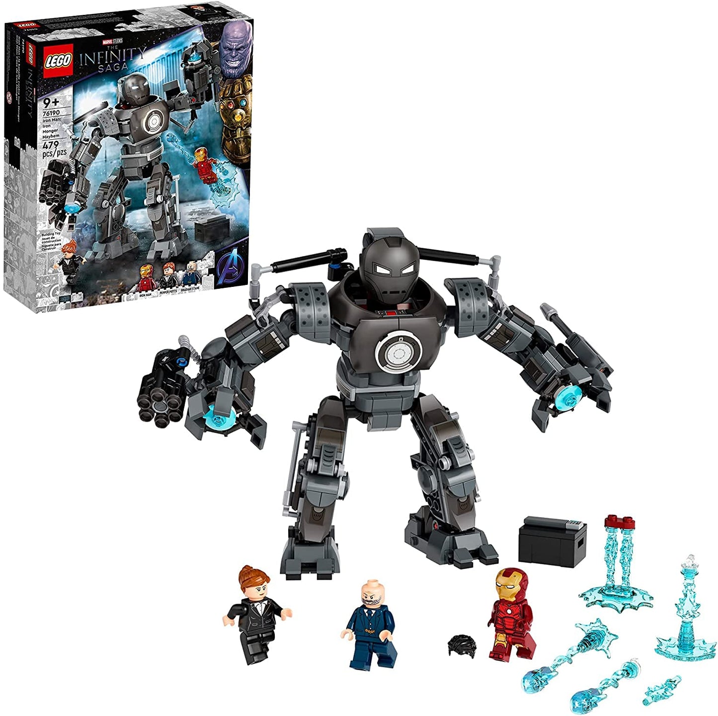 LEGO Marvel Iron Man Monger Mayhem Set 76190 Avengers Mech Building Toy Action Figure with Iron Man Obadiah Stane and Pepper Potts Minifigures Gift for 9 Plus Year Old Boys and Girls
