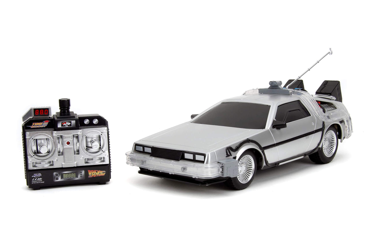 Back to the Future RC time machine with remote control in 1:16 scale, ideal for kids and adults.