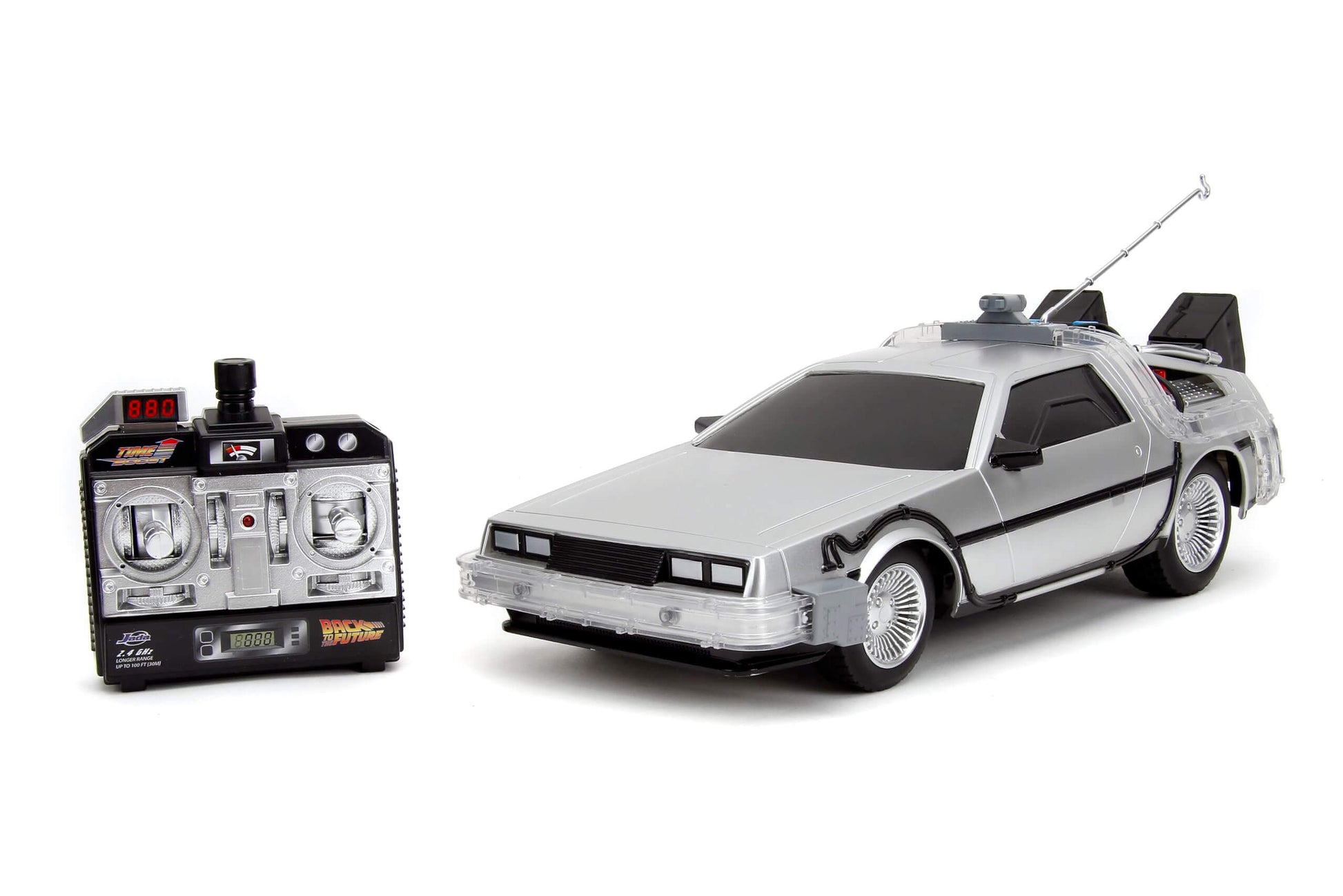 Back to the Future RC time machine with remote control in 1:16 scale, ideal for kids and adults.