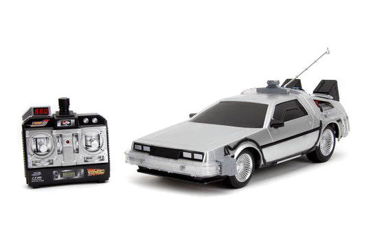 Back to the Future RC time machine with remote control in 1:16 scale, ideal for kids and adults.