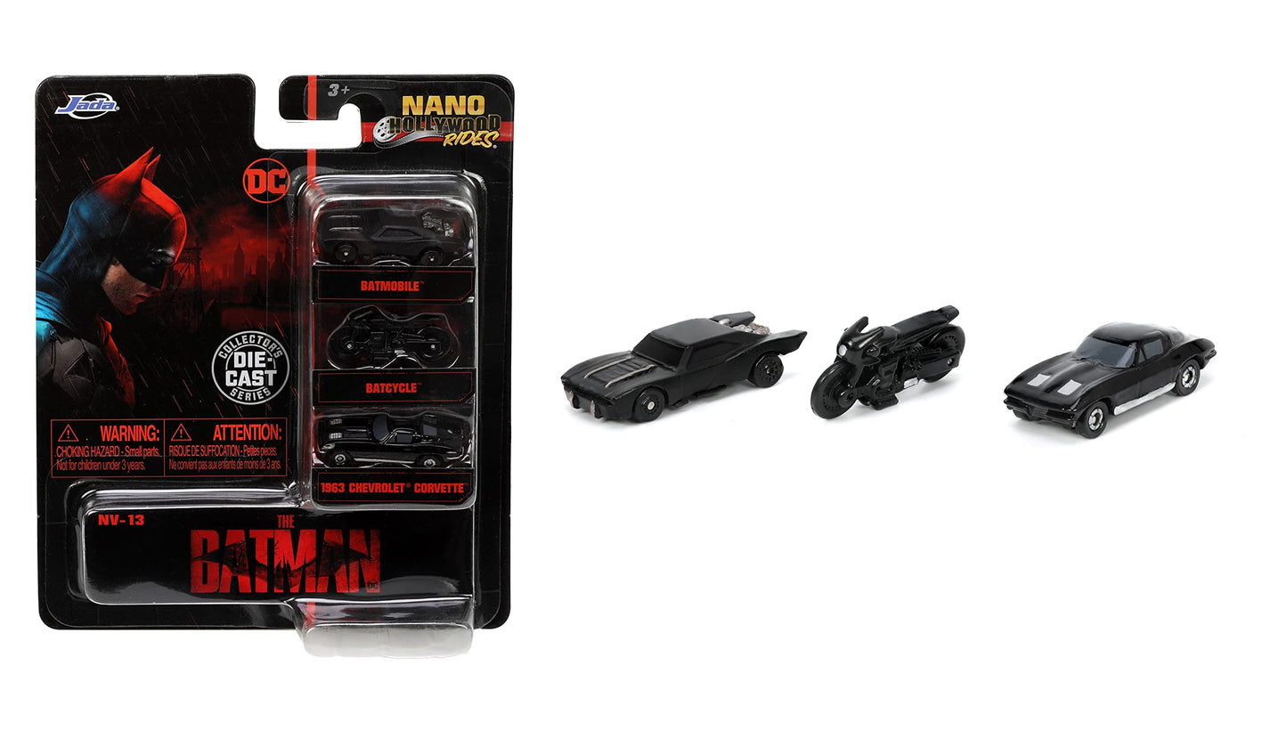 Jada Toys The Batman 1.65" Scale Nano Hollywood Rides: Batmobile Batcycle Chevy Corvette Die-Cast Vehicles (32043)