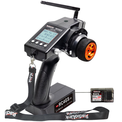 Radiolink RC4GS V3 5 Channels RC Transmitter and Receiver 2.4GHz Surface Remote Controller R6FG Gyro RX Combo 30 Models Storage for RC Crawler Drifting Bash Buggy Cars and Boats