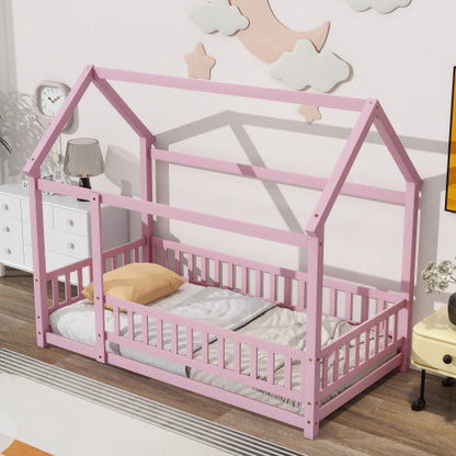 Twin Size Floor Wooden Bed With House Roof Frame Fence Guardrails Pink