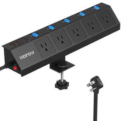 Desk Clamp Power Strip with 20W USB C Desktop Mount Charging Station with Individual Switches 1700 Joules Surge Protector Fit 1.7" Tabletop Edge 10Ft Extension Cord for Home Office Black