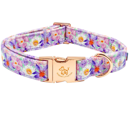 Elegant little tail Dog Collar Purple Floral Print Pet Collar Summer Dog Collar Pet Collar Dog Cotton Durable Dog Collar Metal Buckle Collar for X-Small Dogs
