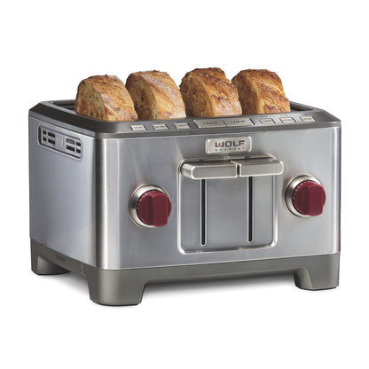 Wolf Gourmet 4-Slice Extra-Wide Slot Toaster with Shade Selector Bagel and Defrost Settings Red Knob Stainless Steel (WGTR154S)