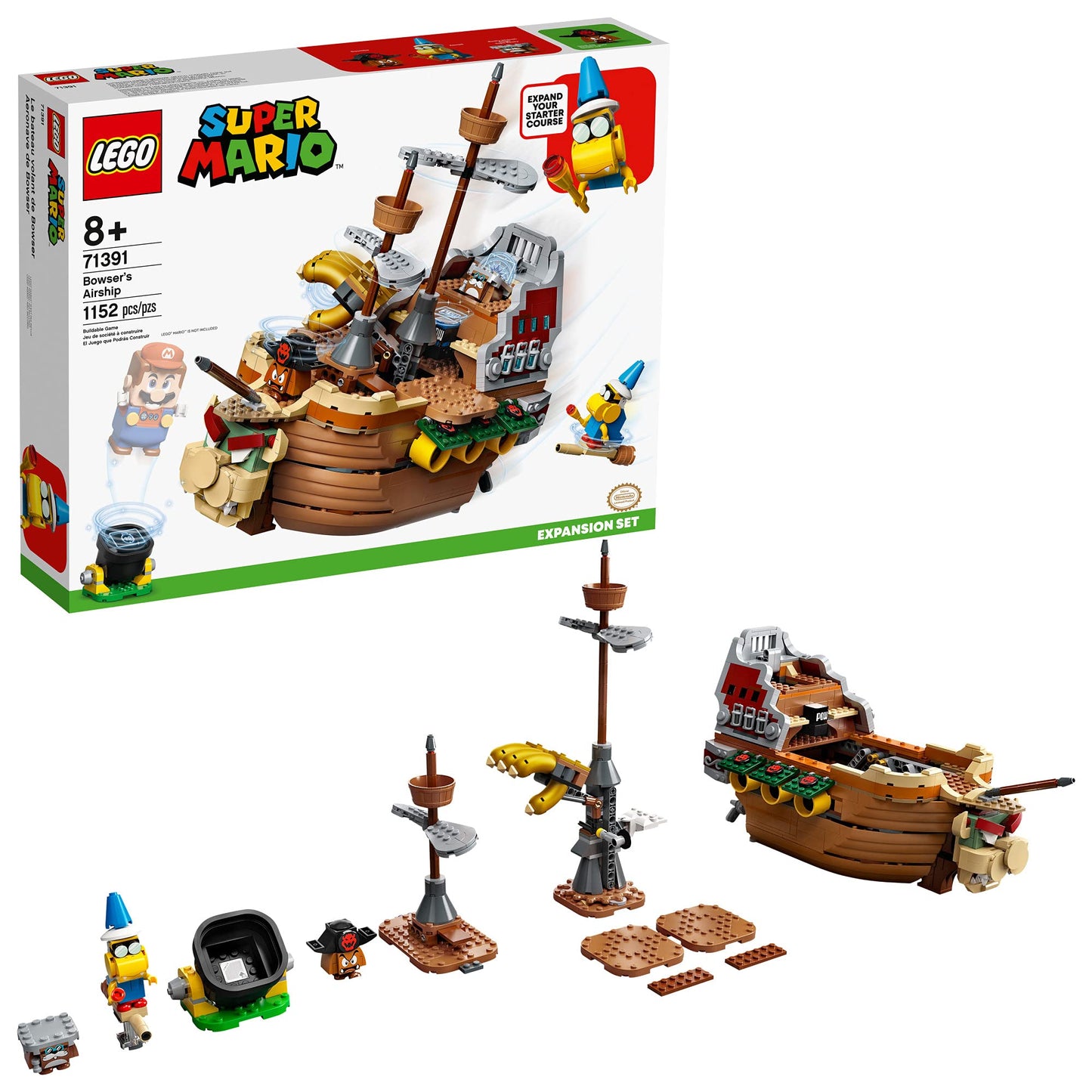 LEGO Super Mario Bowsers Airship 1152 Piece Building Kit Unveils Detailed Interior Includes Kamek Rocky Wrench Goomba POW Block Cannon Start Pipe For Ages 8+