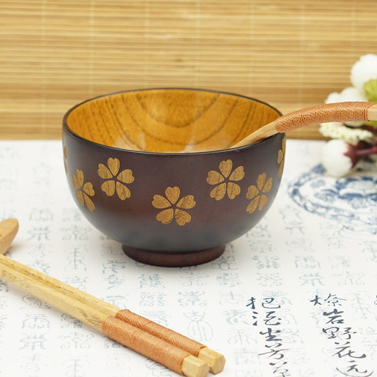 Japan Sakura Solid Wood Adult Rice Bowl flower pattern