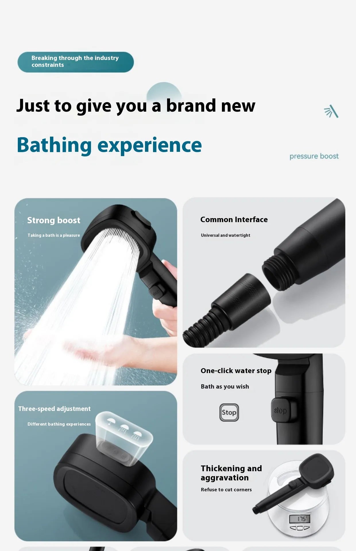 Three-Speed Filtered Supercharged Square Handheld Shower Head
