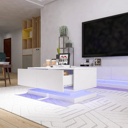 High Glossy Coffee Table With 2 Drawers under glow RGB Led Light With Bluetooth Control