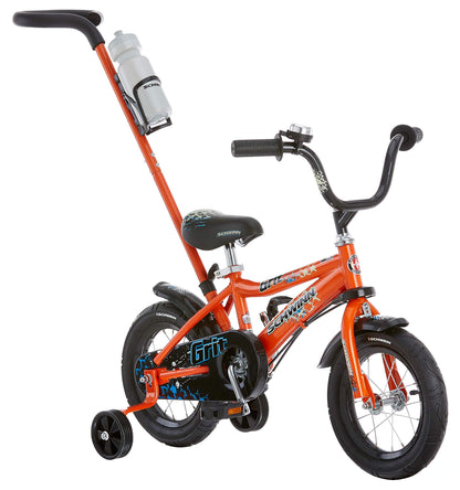 Schwinn Grit Push Steer and Ride Kids Bike Boys Beginner Bicycle 12-Inch Wheels with Training Wheels Parent Push Handle Water Bottle and Holder Orange/Black