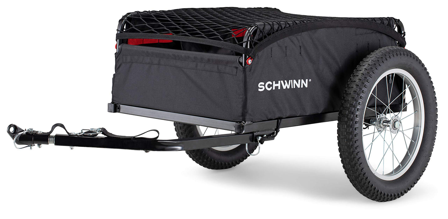 Schwinn Porter Cargo Trailer for Bike 100 lbs. Max Weight Capacity Collapsible Frame Elasticized Mesh Net Large Knobby Air-Filled Tires Black