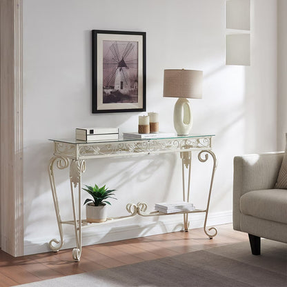 Vintage 2nd Tier Modern Tempered Glass Console Table, Entrance Table, Sofa Table With Storage Shelves