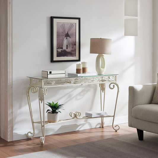 Vintage 2nd Tier Modern Tempered Glass Console Table, Entrance Table, Sofa Table With Storage Shelves