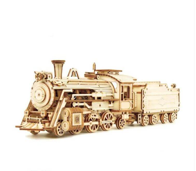 3D steam train puzzle toy model made from precision-cut pieces showcasing mechanical design and moving parts.