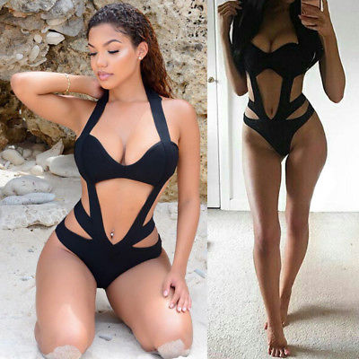 Women Woman Black One-Piece Swimsuit Bodysuit