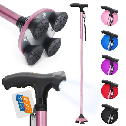 Folding Walking Cane with LED Light Pivoting Quad Base Adjustable Walking Stick with Carrying Bag Alloy Base
