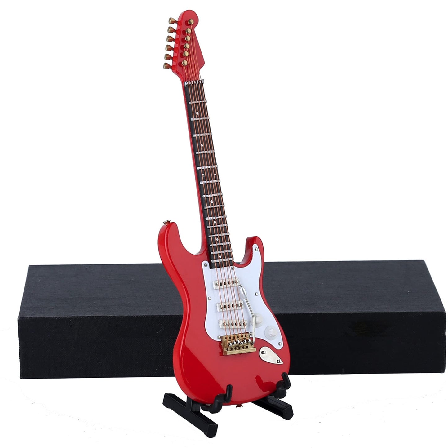 Wooden Miniature Electric Guitar with Stand Case Mini Musical Instrument gift (Red 7.09"x2.27"x0.54")