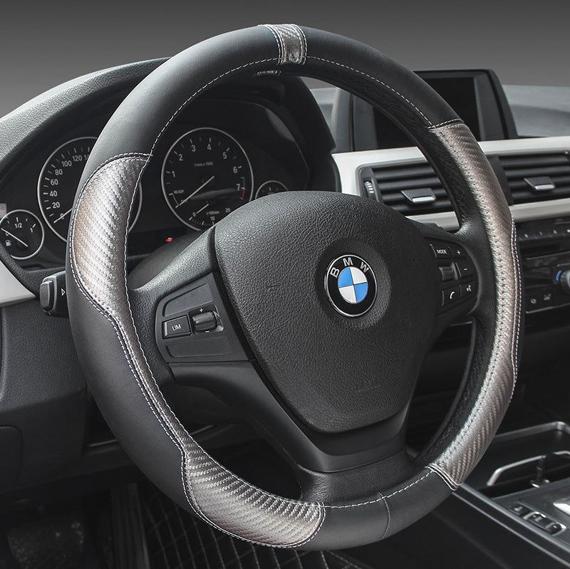 Genuine Leather Steering Wheel Cover - Carbon Fiber Design 38cm