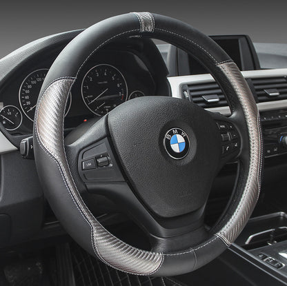 Genuine Leather Steering Wheel Cover - Carbon Fiber Design 38cm