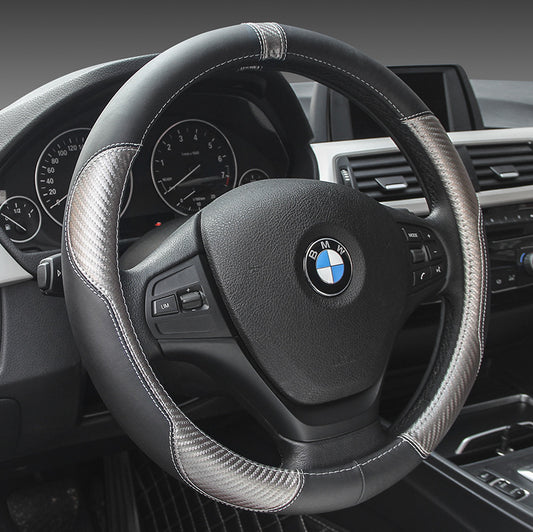 Genuine Leather Steering Wheel Cover - Carbon Fiber Design 38cm