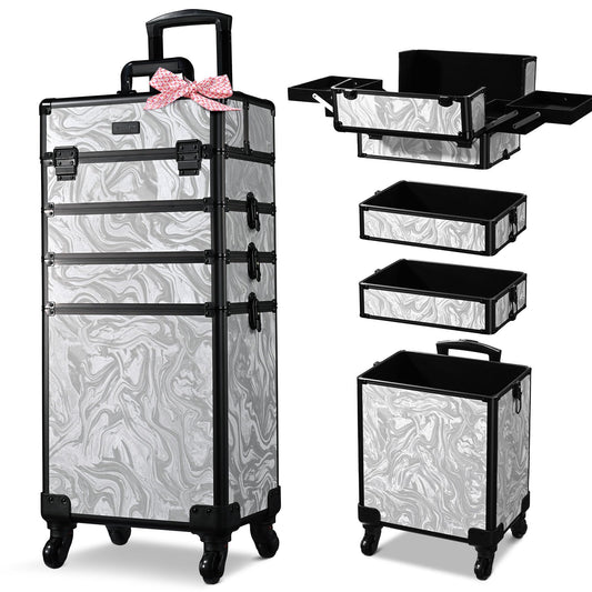 BYOOTIQUE Rolling Makeup Train Case 4 in 1 Cosmetic Trolley Organizer Case Lockable Salon Barber Case Traveling Cart Trunk with Wheels for Makeup Artist Trave NailCoyoteButtes Graystone