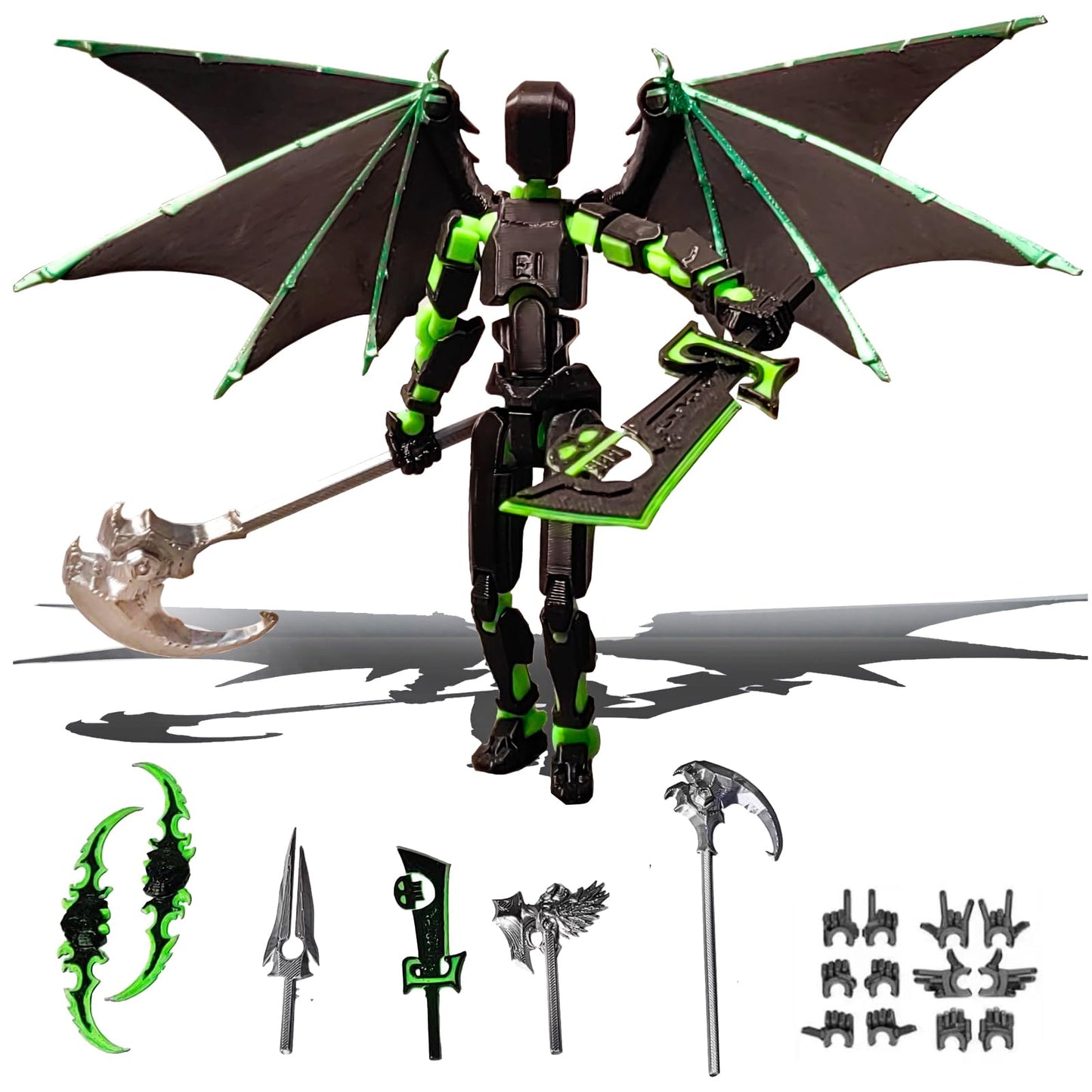 MIGESS (Assembly Completed) T13 Action Figure SetDummy 13Articulated Robot with Demon Wings Titan 13 Robot Action Figure 3D Printed robo 13 Action Figure Articulated(Green Black)