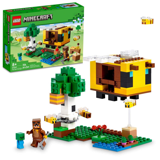 LEGO Minecraft Bee Cottage building set featuring a bee-shaped house, zombie figure, and colorful farm elements.