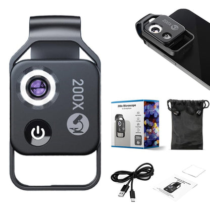 200x Magnification Zoom Pocket HD Phone Microscopes with LED Light Cell Phone Lens Attachments, Portable Microscopic Lens for Cell Smartphone (White)