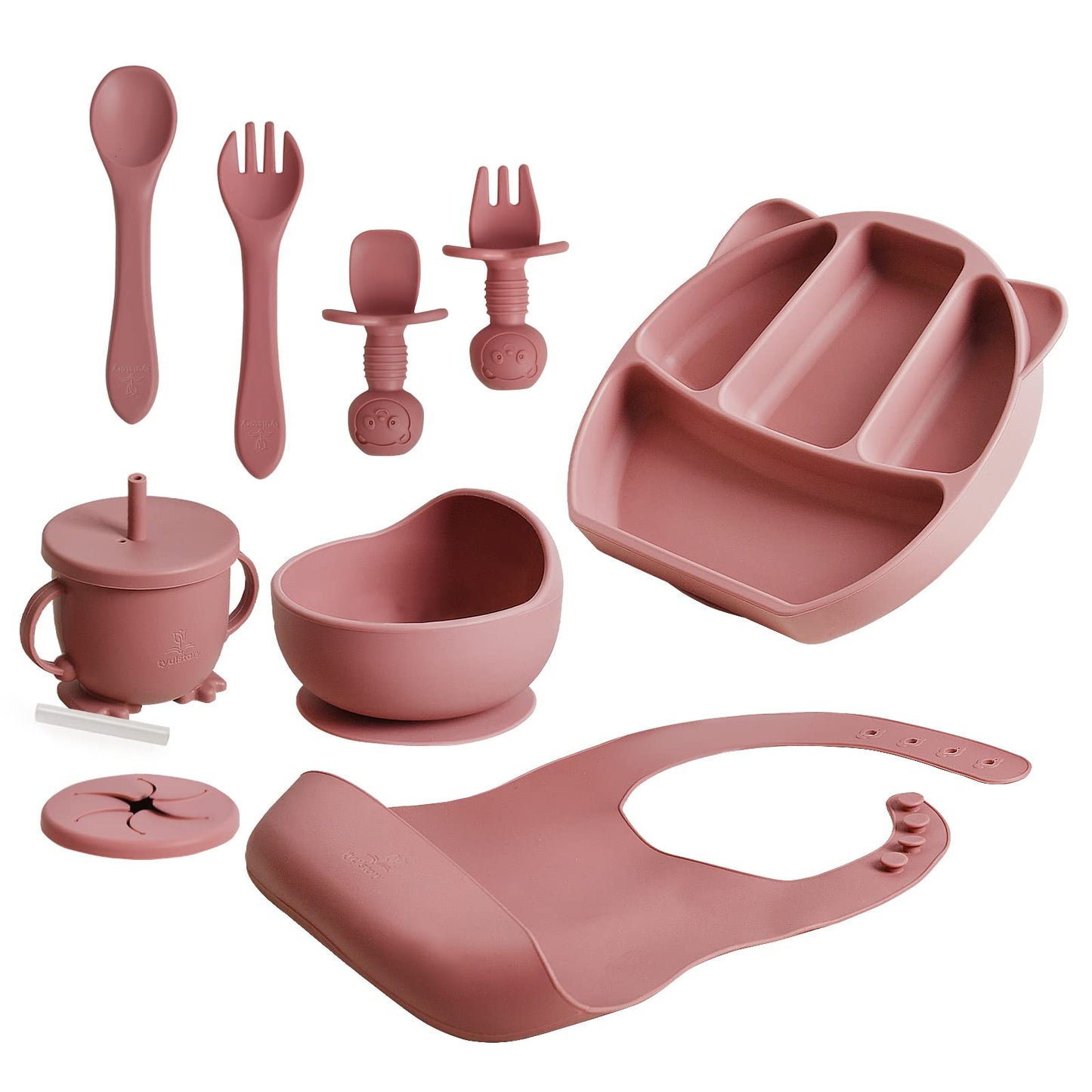 Pink Baby Feeding Set – Baby Feeding Supplies Set with Bib Sippy Cup First stage toddler utensils Suction Bowl Divided Plate Baby Spoon and Fork – Food-Grade Silicone Baby Led Weaning Supplies