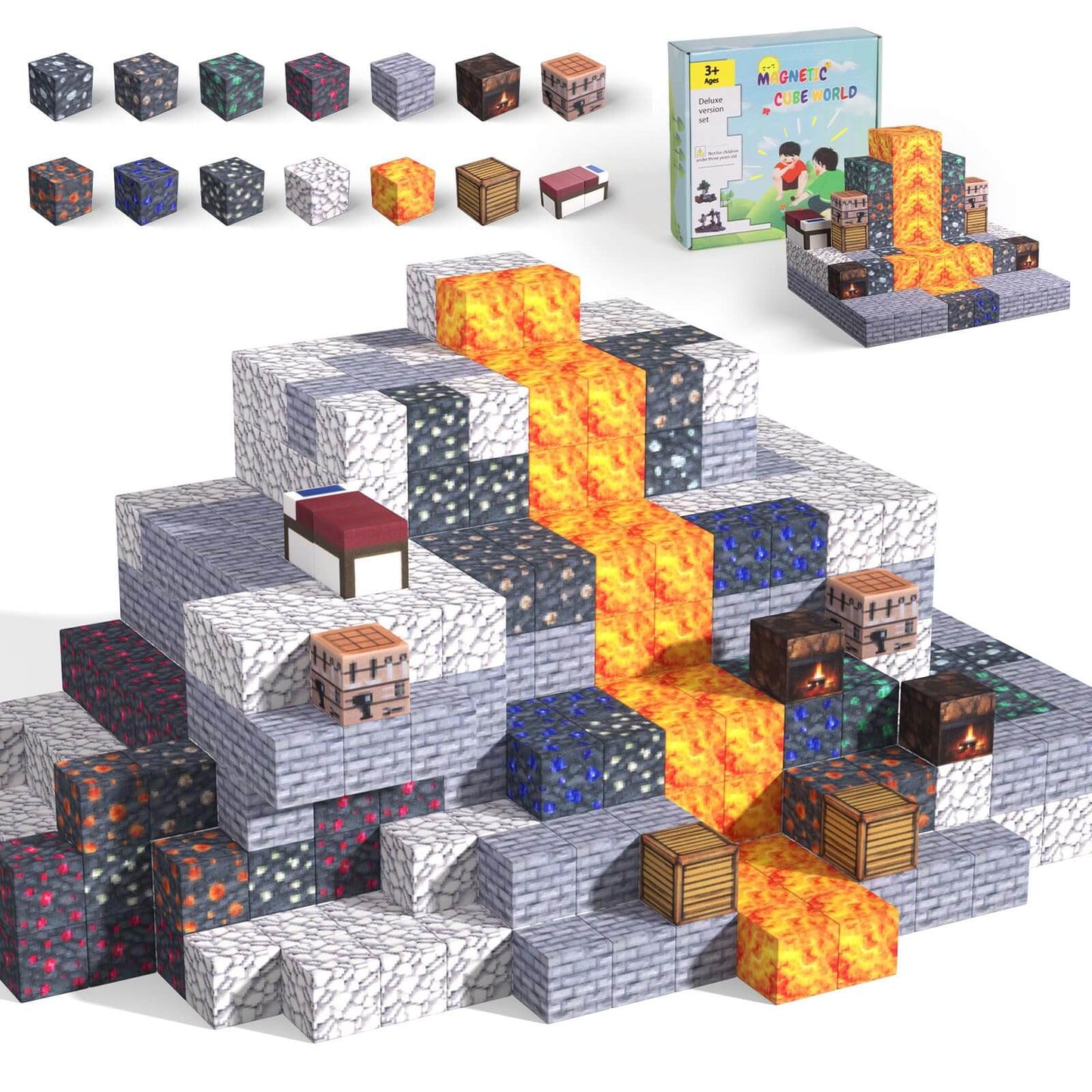 Dufvrpe Minecraft magnetic building blocks for kids, featuring 128PCS Cavern Exploration design with colorful magnetic cubes.