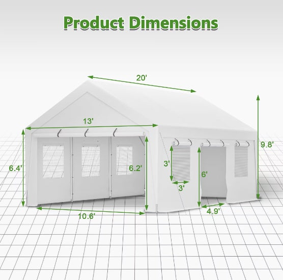 13x20 Heavy Duty Steel Carport Storage Canopy Garage Tent with Removable Side Walls