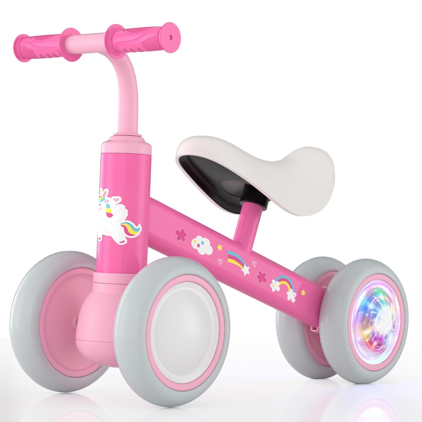 Lilian&Gema Colorful Lighting Baby Balance Bike for 1 Year Old Boys Girls 12-24 Months Toddler Balance Bike No Pedal 4 Wheels Toddler Bike with Soft Seat Toddler First Bike 1st Birthday Gifts