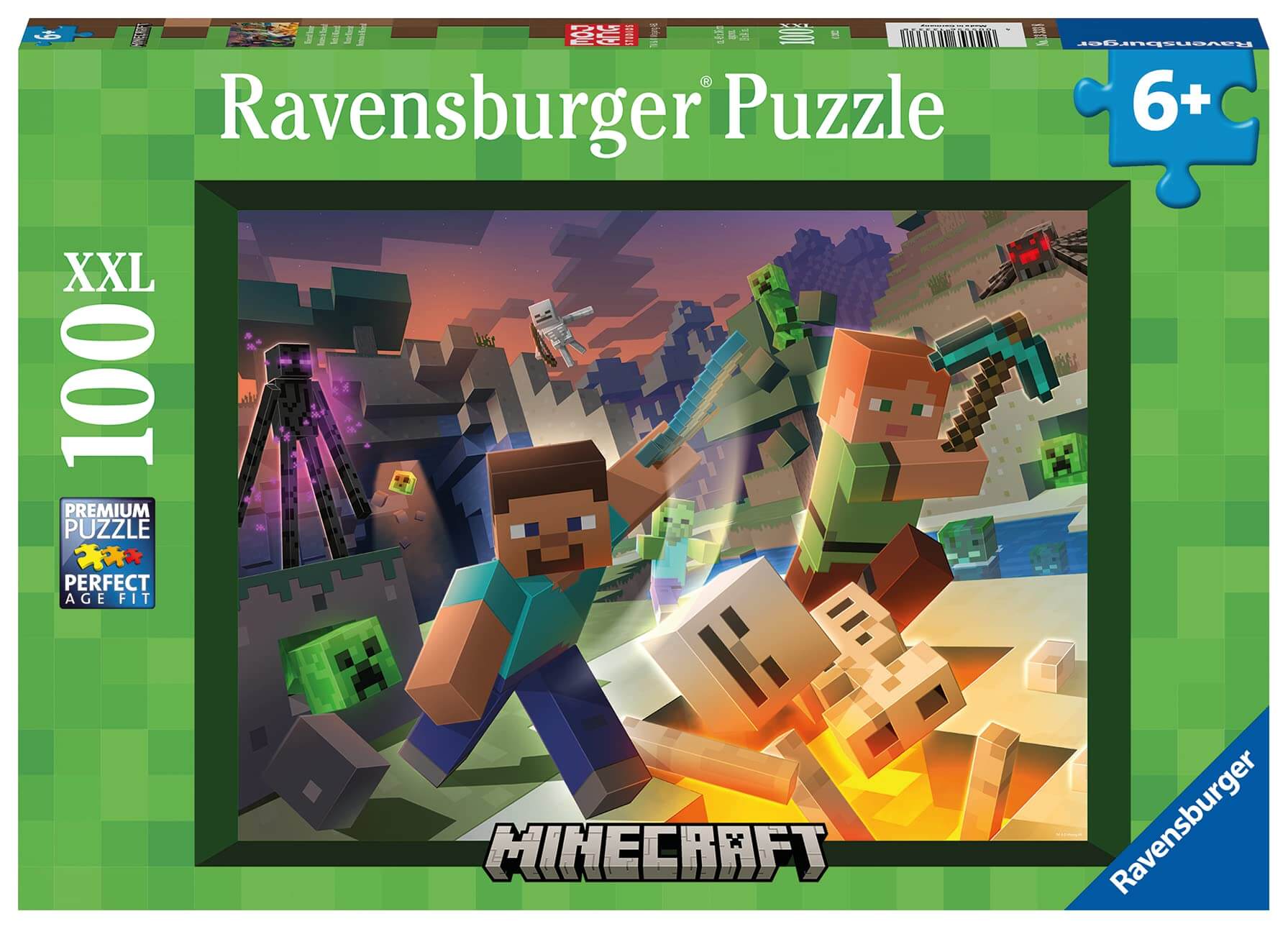 Ravensburger Monster Minecraft 100 piece puzzle for kids with Steve and Alex battling monsters, colorful and engaging.