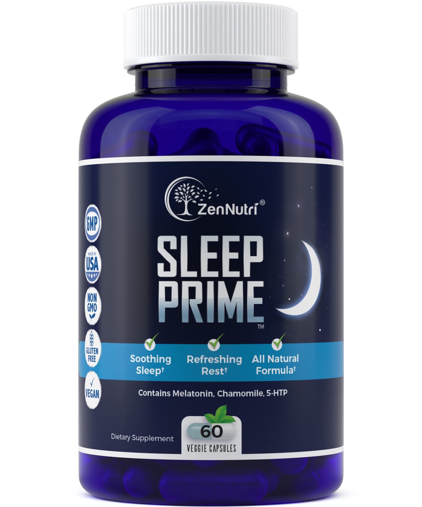 ZenNutri Sleep Prime Vegan Natural Sleep Aid for Adult Extra Strength - Deep Sleep Supplement - Herbal Sleeping Pill - Stress Relief - Melatonin GABA - 60 Veggie caps