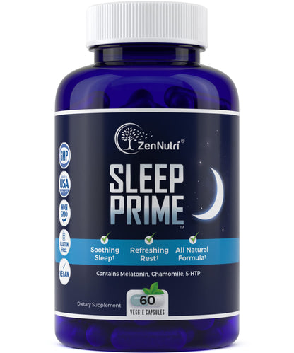 ZenNutri Sleep Prime Vegan Natural Sleep Aid for Adult Extra Strength - Deep Sleep Supplement - Herbal Sleeping Pill - Stress Relief - Melatonin GABA - 60 Veggie caps