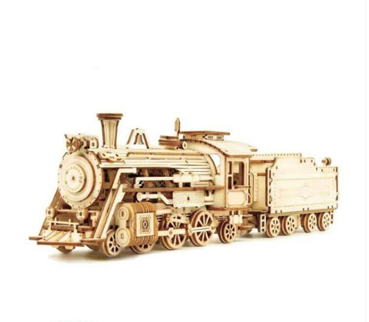 3D steam train puzzle toy crafted from precision-cut pieces showing intricate mechanical details in brown.